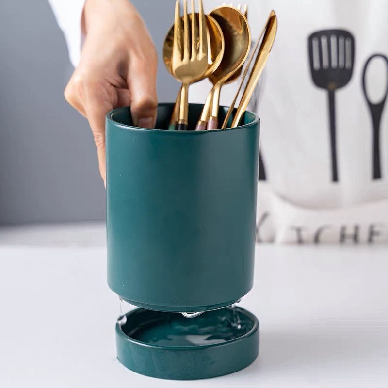 Minimalist Two-Piece Ceramic Utensil Holder with Drainer / Ceramic Kitchen Utensil Crock / Utensil Organizer Crock / Kitchen Decor