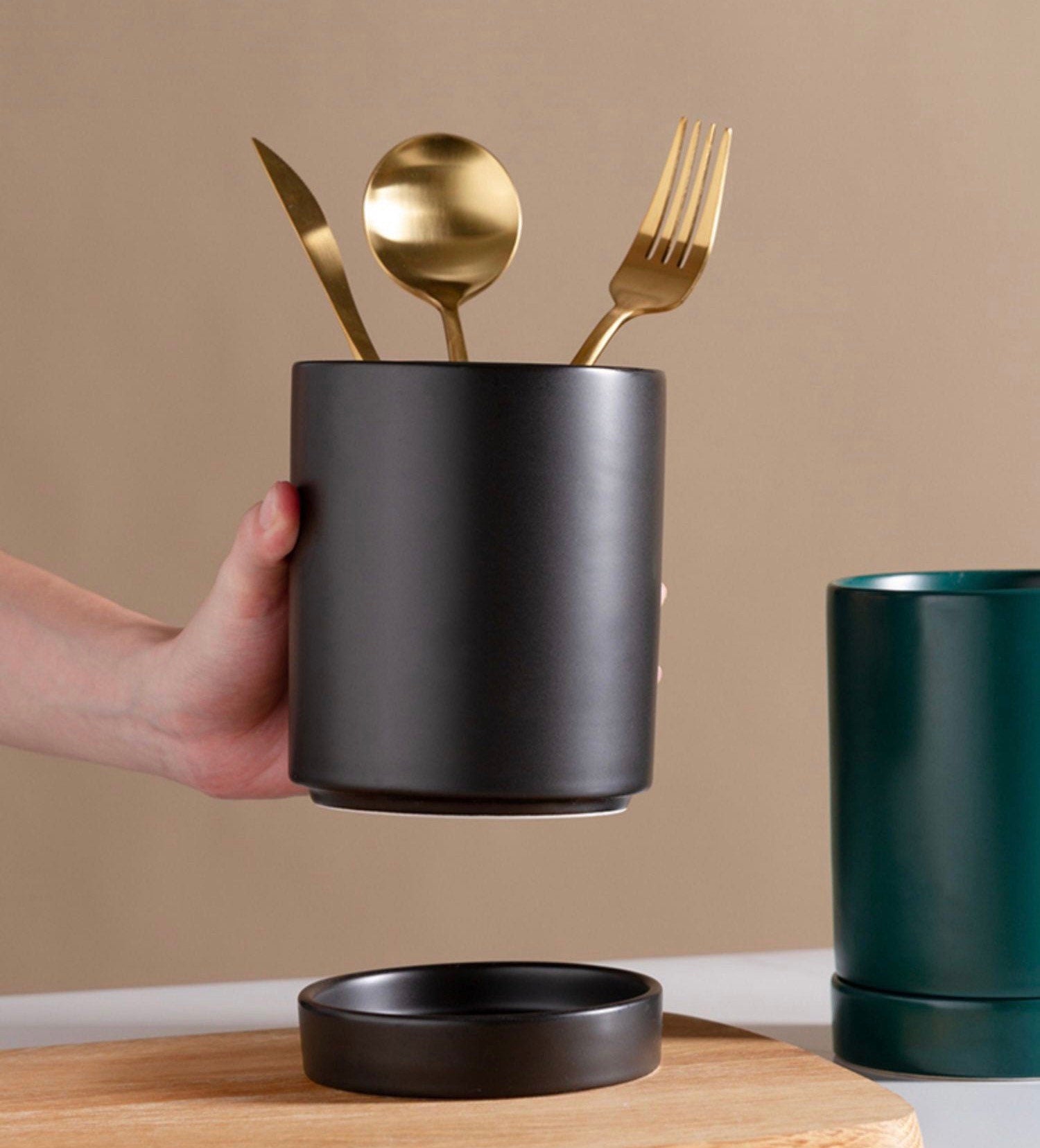 Double Cutlery Holder, Ceramic Silverware Container , Kitchen