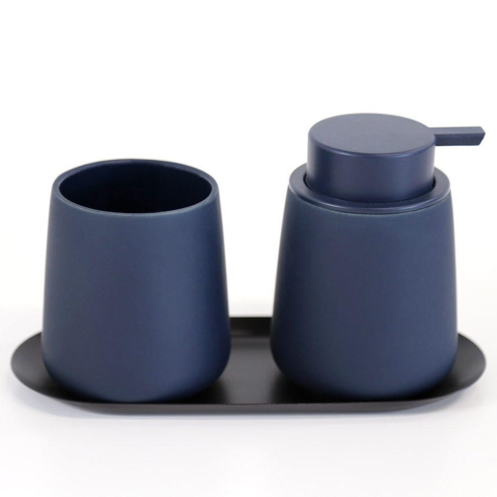 Minimalist Matte Soap Dispenser Set with Metal Tray/ Ceramic Dispenser and Tumbler with Tray / Bathroom Accessories & Decor