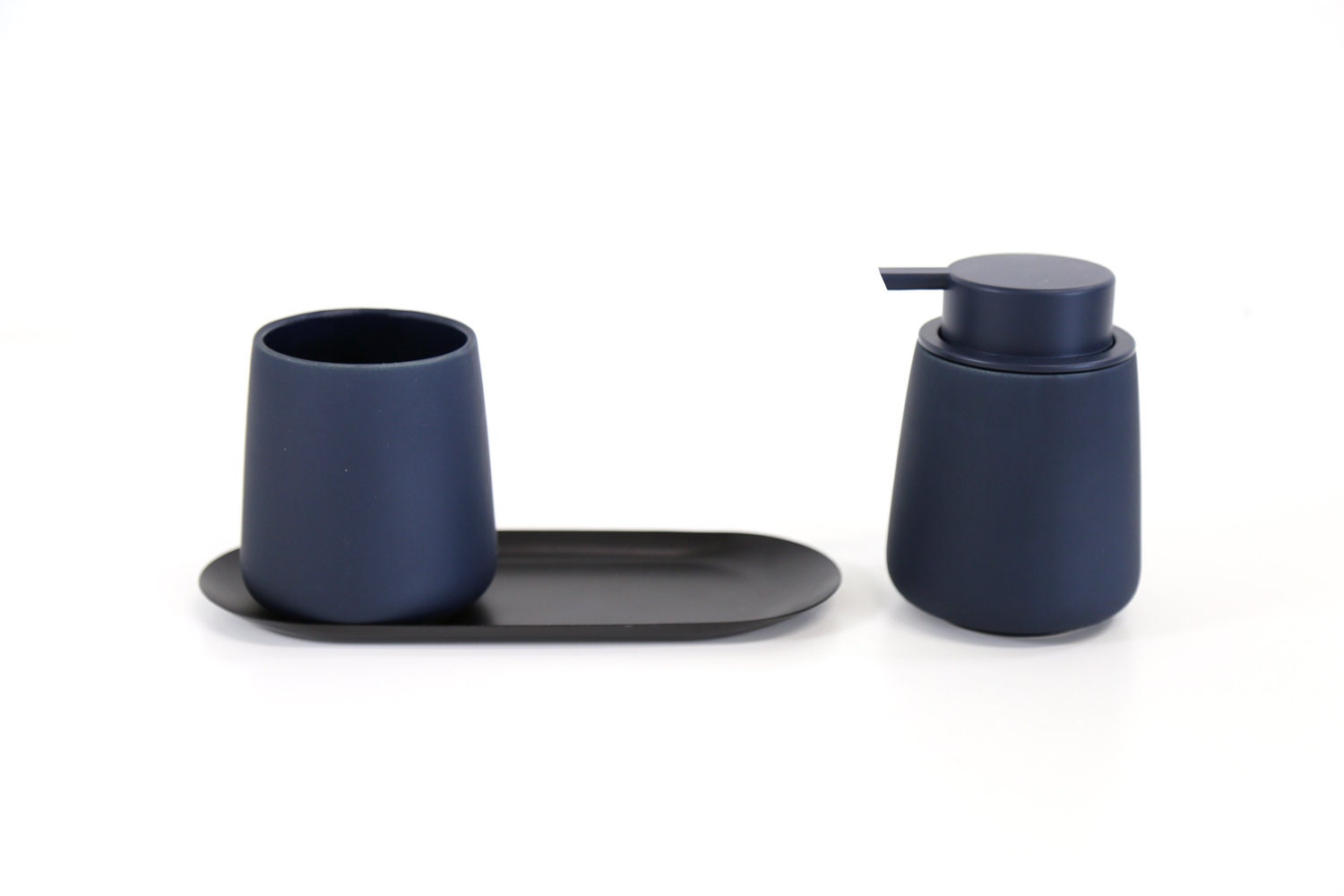 Minimalist Matte Soap Dispenser Set with Metal Tray/ Ceramic Dispenser and Tumbler with Tray / Bathroom Accessories & Decor