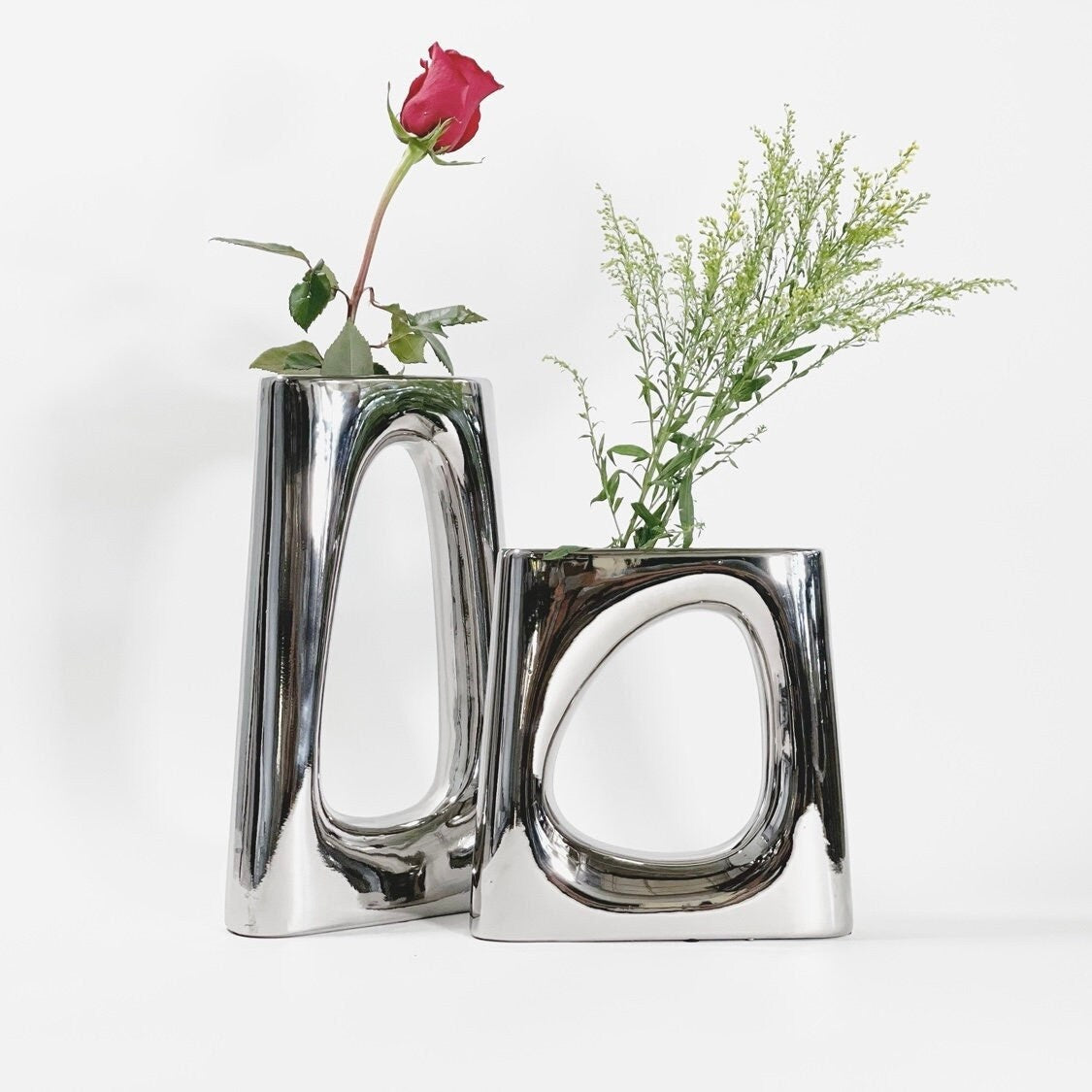 Modern Void Ceramic Vase in Silver Metallic Finishes | Decorative Hollow Silver Ceramic Vase | Reflective Mirror Home decor