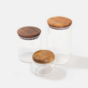 Modern Airtight Glass Canisters with Wood lids | Glear Jar with wooden top | Clear Canister Set